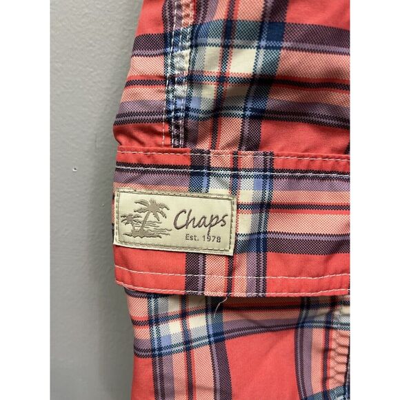 CHAPS Swim Trunks Mens XXL Coral Pink Plaid Board Shorts Mesh Liner‎ - Picture 6 of 8